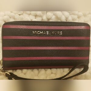 MICHAEL KORS JET SET TRAVEL STRIPE BLACK+PINK,SAFFIANO LEATHER FLAP WALLET